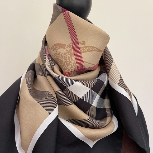 Display # 1 Burberry Scarf Classic Beige Check Black Border Silk Wrap - Picture 7 of 15